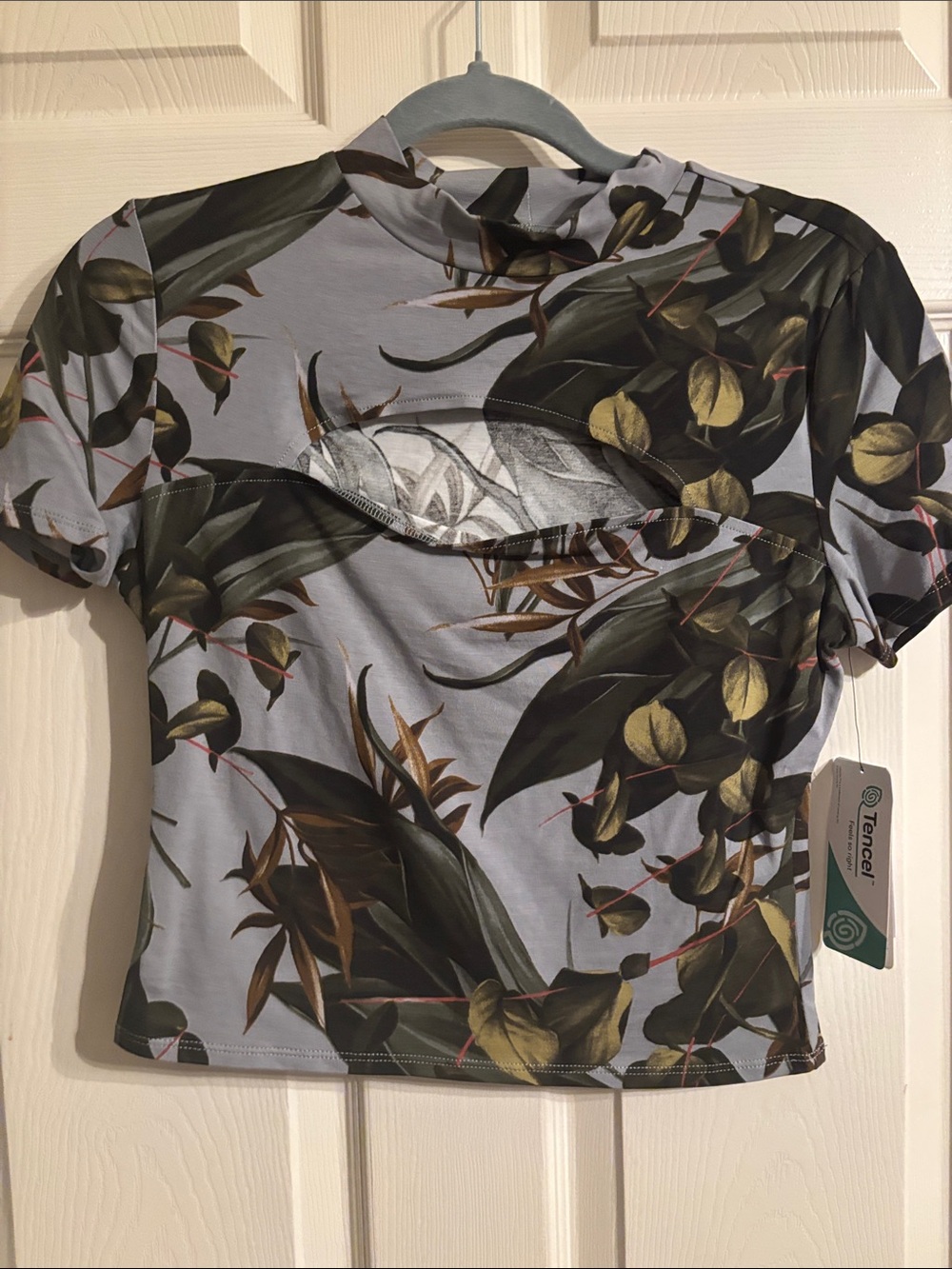 Guess Botanical Cutout Crop Top in Light Gray and Green